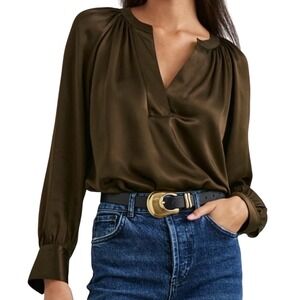 Rails Wynna Satin V-Neck‎ Top Brown Moss M